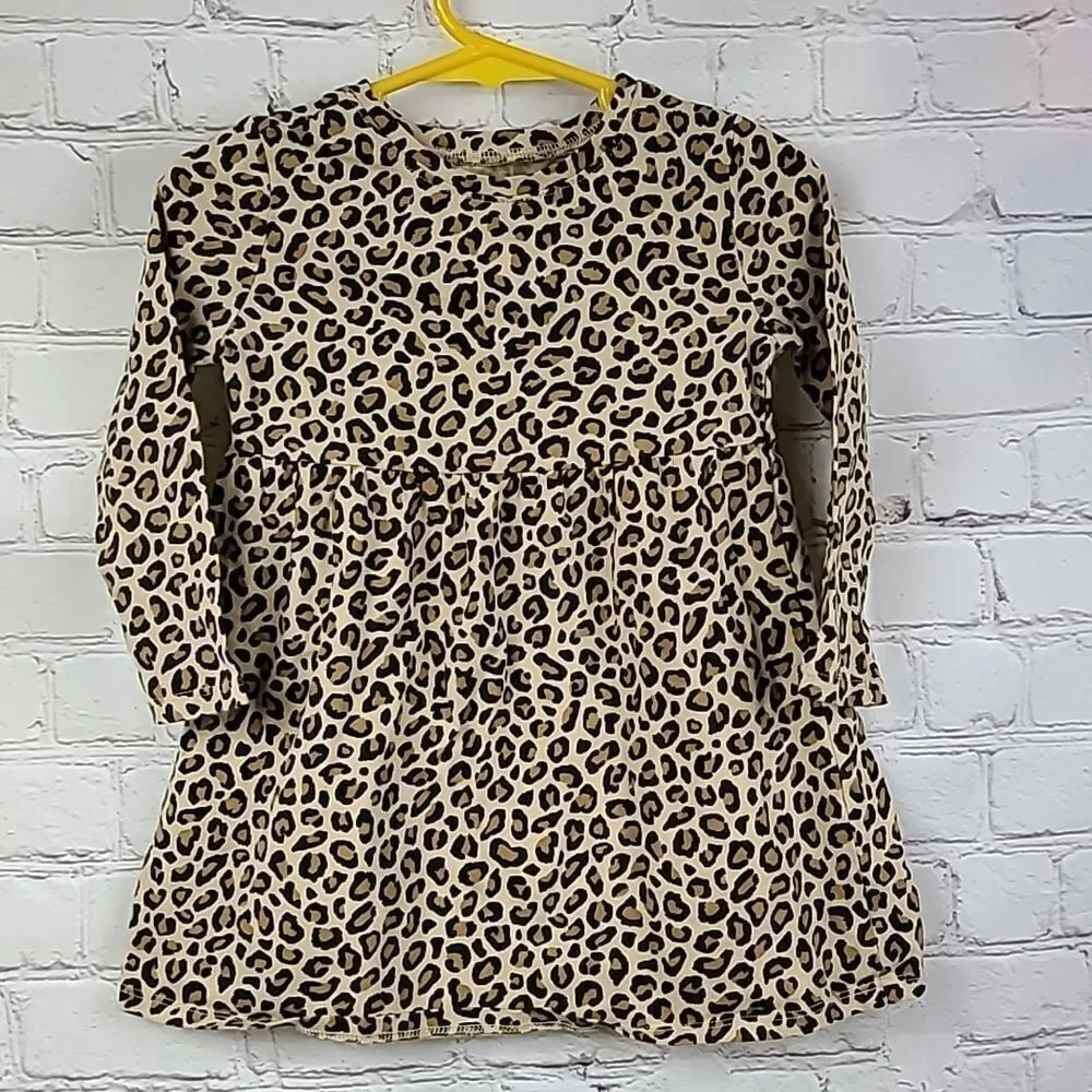 Old Navy Toddler Girl 2T Leopard Print Long Sleeve Jersey Knit Shift Dress Dots